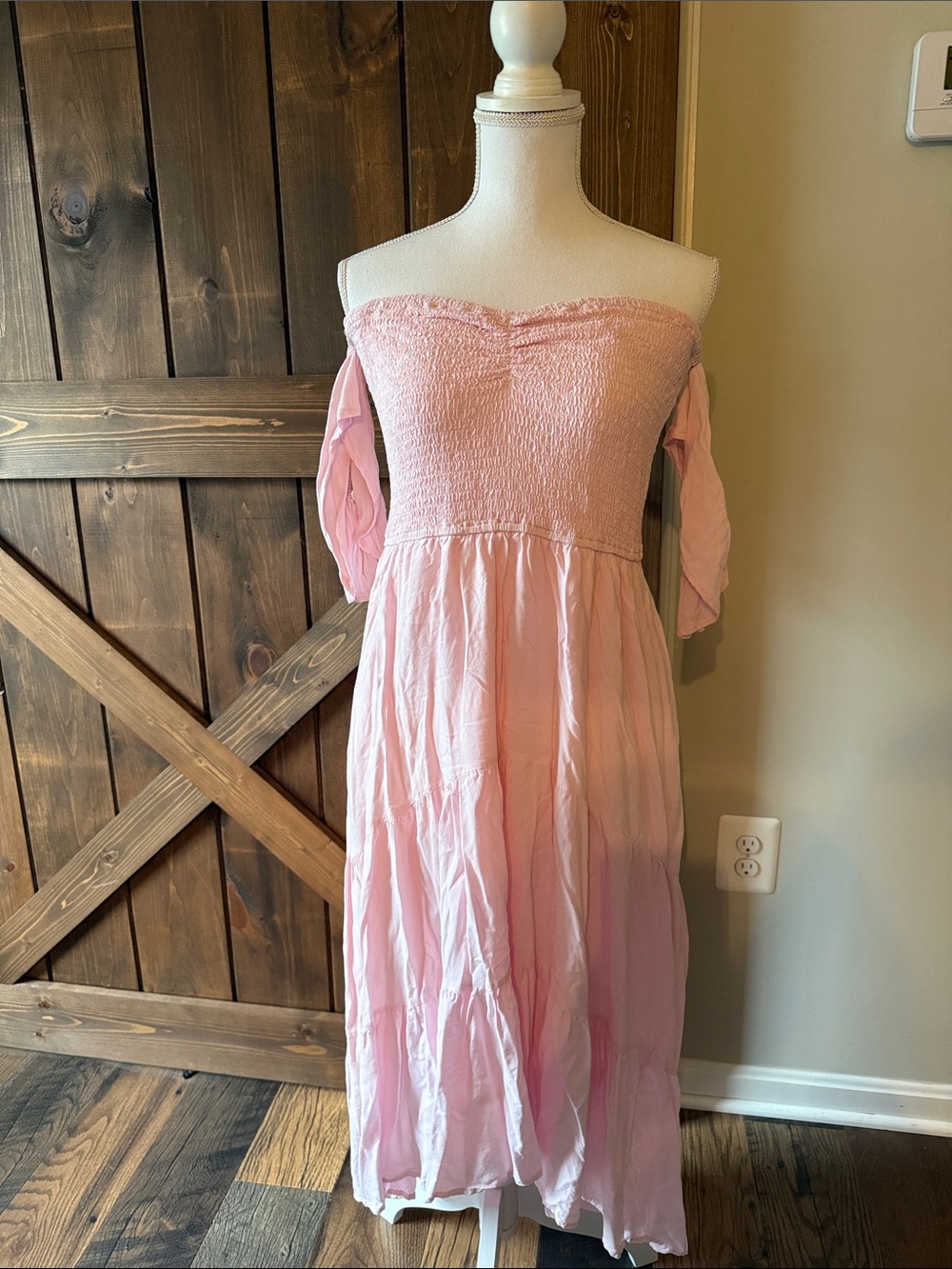 Off-Shoulder Pink Smocked Maxi Dress
